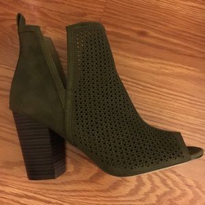 Olive green perforated open toe ankle boots